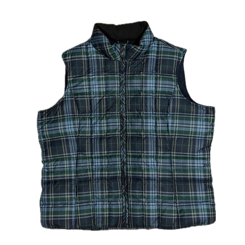 Eddie Bauer Premium Goose Down navy green plaid puffer vest jacket men's medium